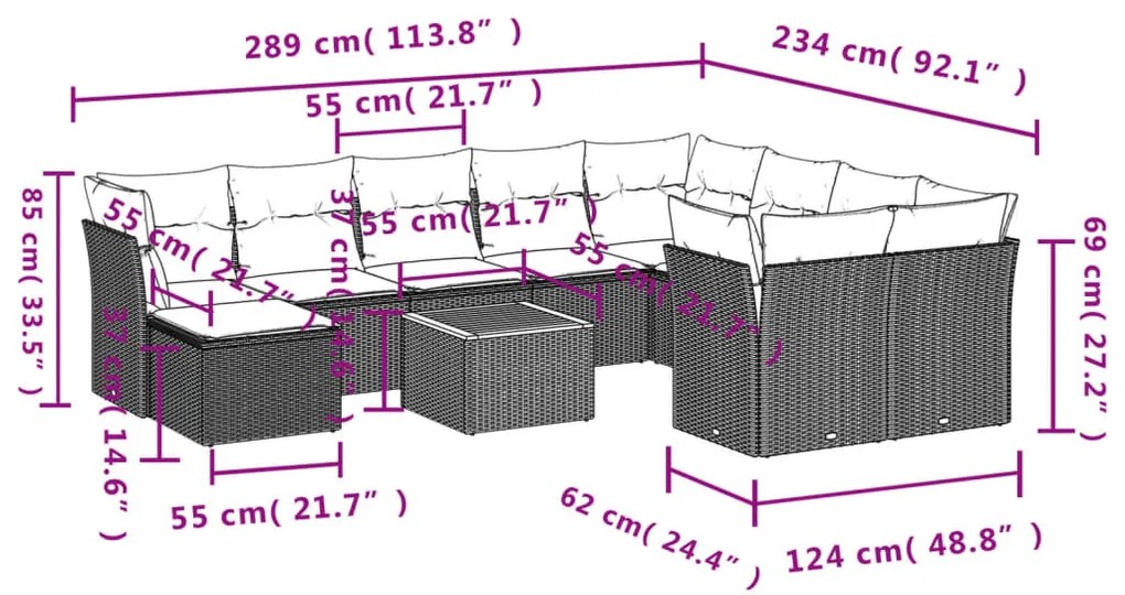 11 részes fekete polyrattan kerti ülőgarnitúra párnákkal