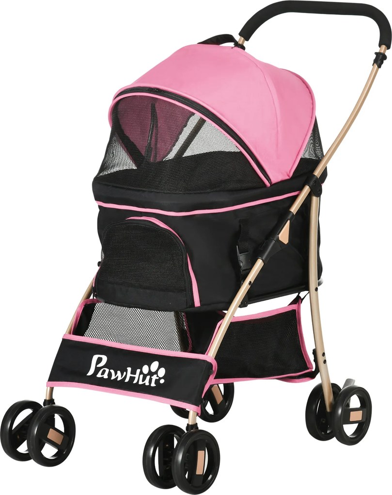 PawHut Összecsukható 3 az 1-ben Kisállat Babakocsi Kutyáknak Levehető Kosárral, Biztonsági Övekkel és Párnával 15 kg Teherbírással Rózsaszín | Aosom