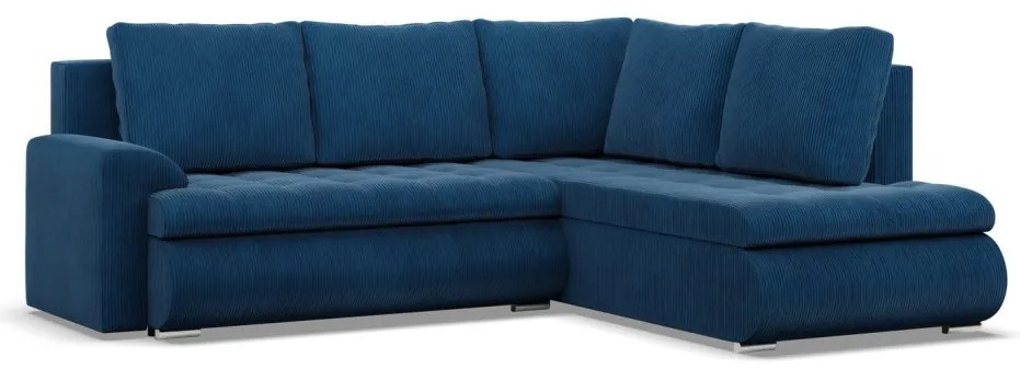 Tokio sarokkanapé, L alakú háttámlával, 2 ágyneműtartóval, kordbársony, jobboldali, kék
