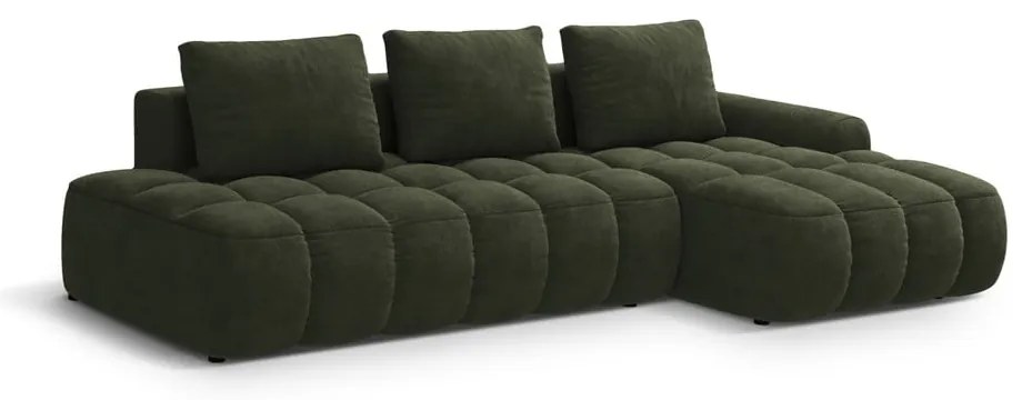 Zöld bársony kinyitható-tárolóhelyes sarokkanapé (jobb oldali-heverő résszel) Linz – Cosmopolitan Design