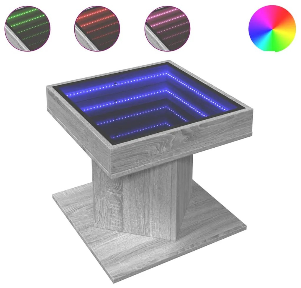 vidaXL szürke sonoma szerelt fa dohányzóasztal LED-del 50 x 50 x 45 cm