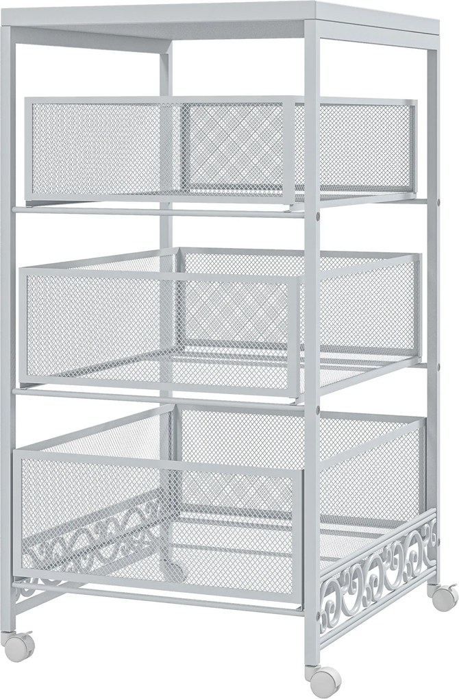 HOMCOM Görgős Tárolókocsi 3 Szintes Tárolókocsi 3 Kosaras Fiókkal Nappaliba, Étkezőbe, Konyhába, Fürdőbe 34x29,5x57,5 cm Fehér | Aosom