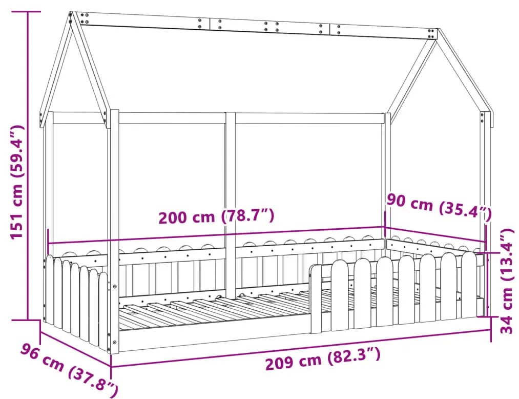 tömör fenyőfa házikó gyerekágykeret 90 x 200 cm