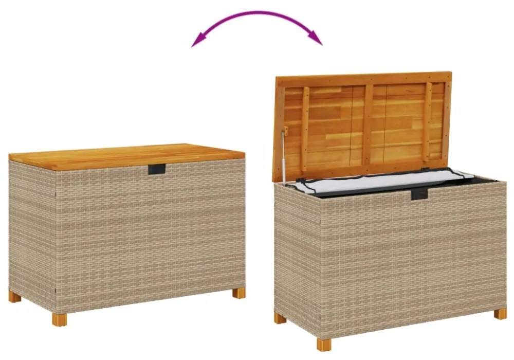 bézs polyrattan és akácfa kerti tárolóláda 110 x 55 x 63 cm