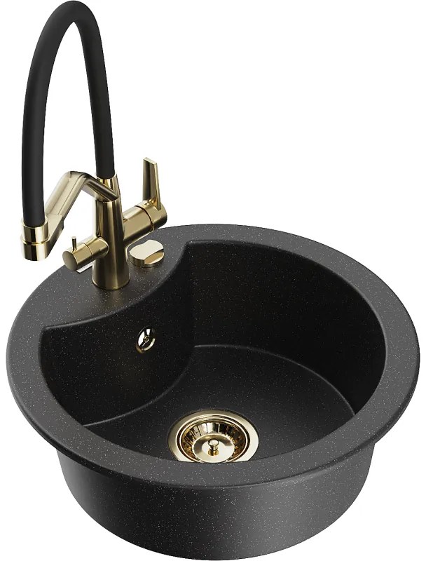 Mexen Diego, 1 kamrás gránit mosogató 488x488x167 mm és Duo mosogató csaptelep, fekete-ezüst metál, 6512-73-671701-57-G
