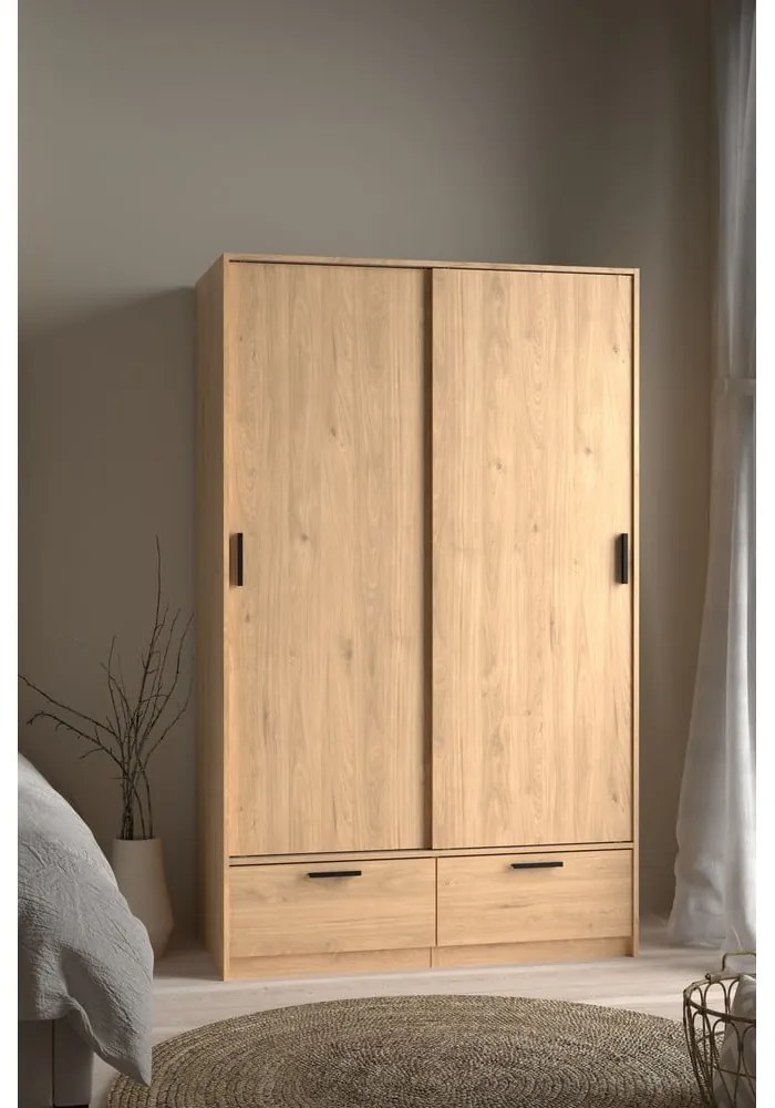 Natúr színű ruhásszekrény tolóajtóval, tölgyfa dekorral 121x200 cm Line – Tvilum