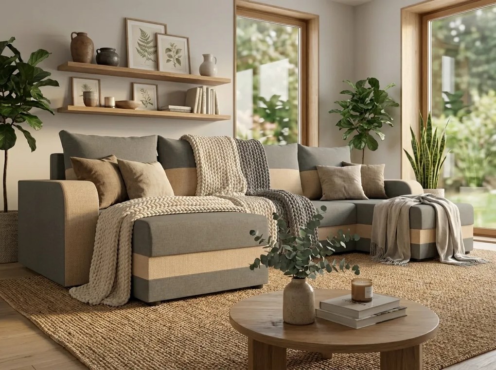 U alakú, kinyitható VALERIO ülőgarnitúra, 305x140 cm, világosszürke/bézs