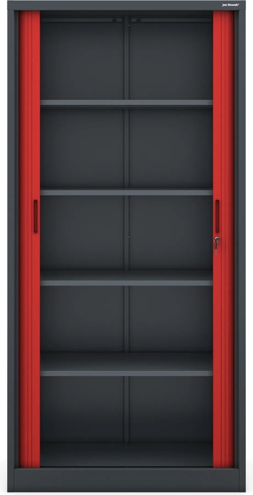 Fém iratszekrény redőnnyel, antracit-piros, 900x1850x450 mm: DAMIAN
