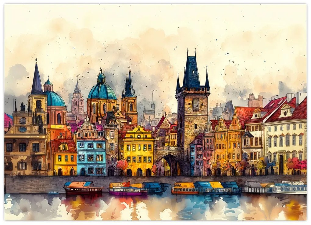 Üveg kép - Ősz a festett városban (70x50 cm)