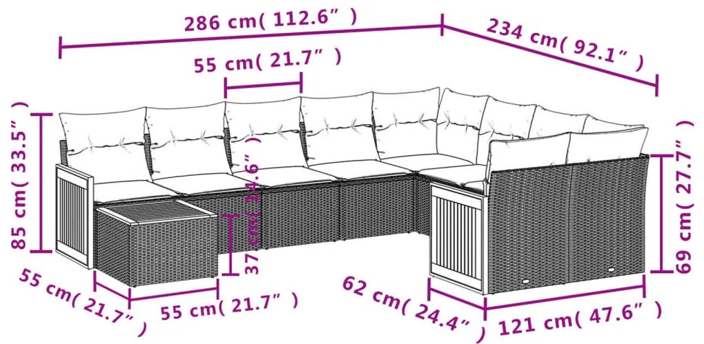 10 részes fekete polyrattan kerti ülőgarnitúra párnákkal