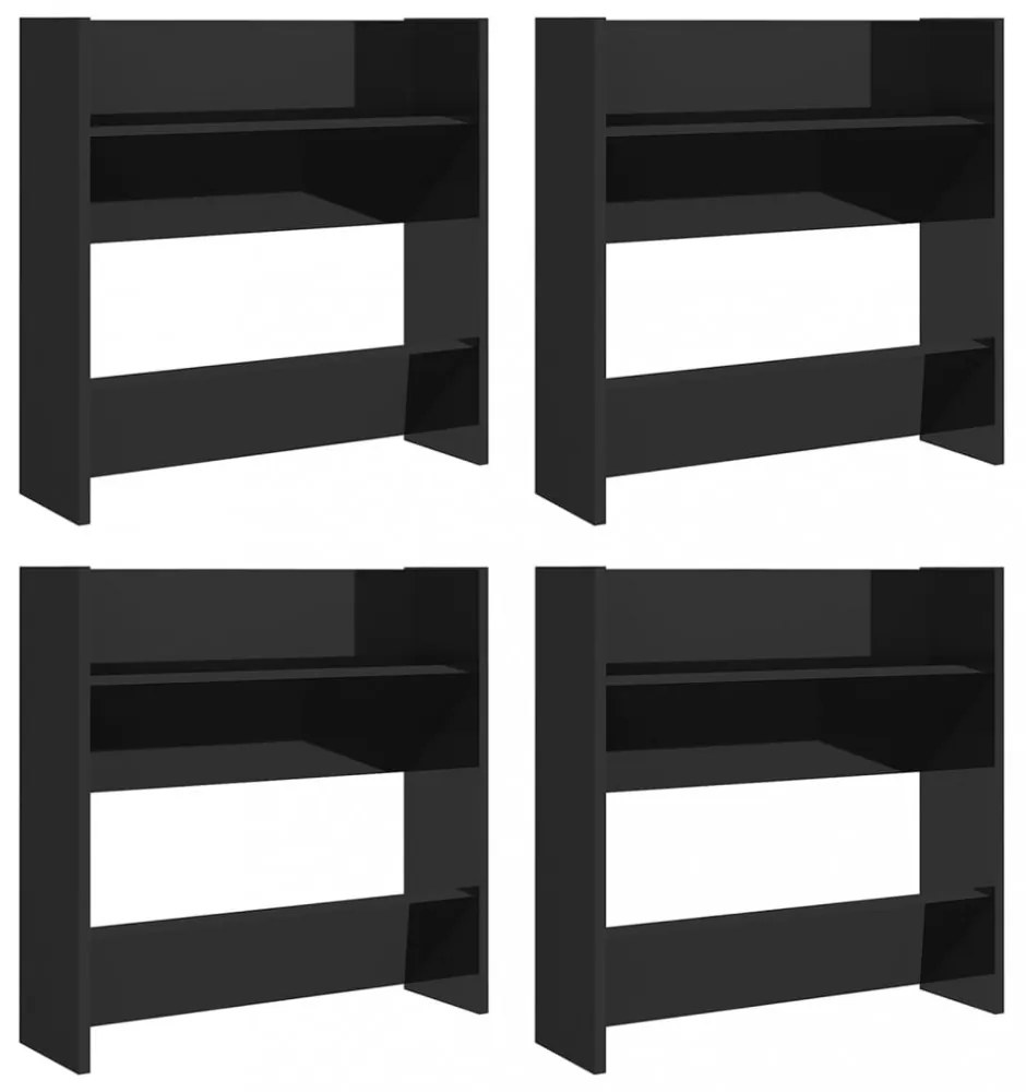 4 db magasfényű fekete szerelt fa fali cipősszekrény 60x18x60cm