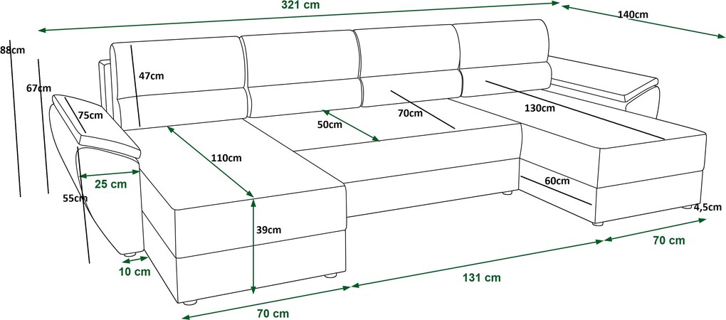 Ágyazható U alakú kanapé TAVERO 321x140 cm, világos bézs színű