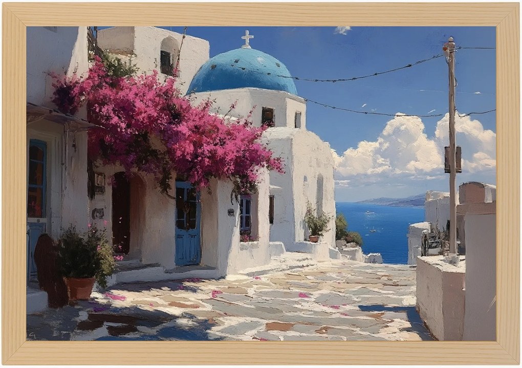 Poszter Keret Fa Tájkép Város Görögország Cikládák Utca Tenger 60x40