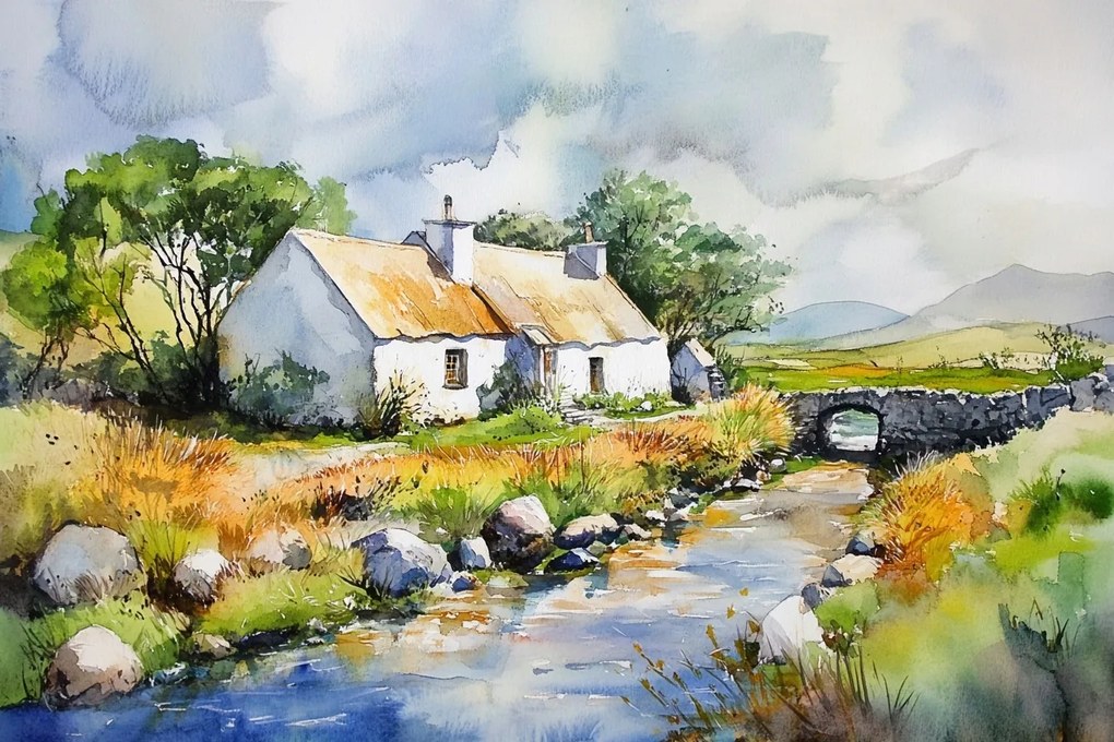 Vászonkép Canvas Tájkép Írország Falu Ház Híd Patak Kilátás 120x80
