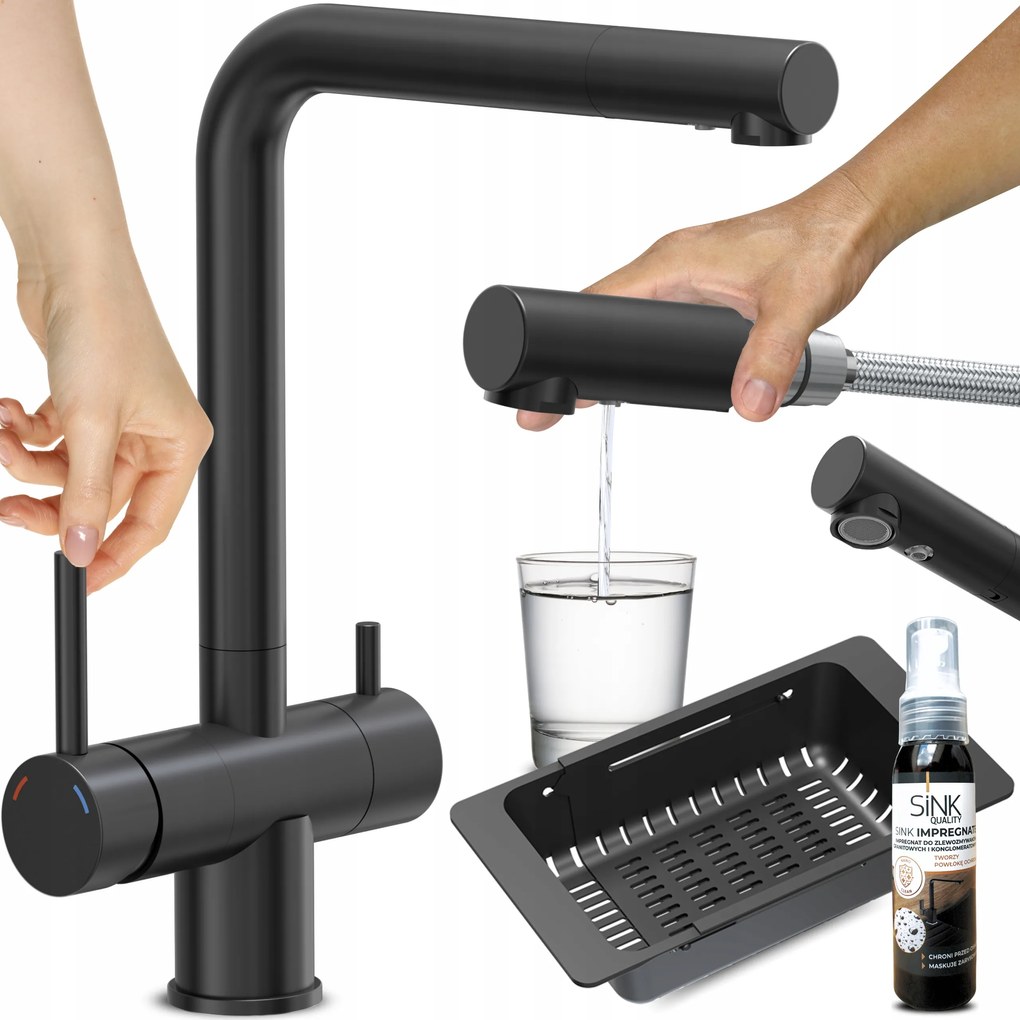 Háromutas Konyhai Csaptelep Fekete, Kihúzható Kifolyócsővel, Kétkaros Szűrővel