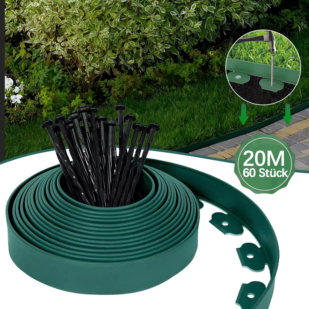 20m Kerti gyepszegély műanyag Zöld 5cm 60x Horgonyok