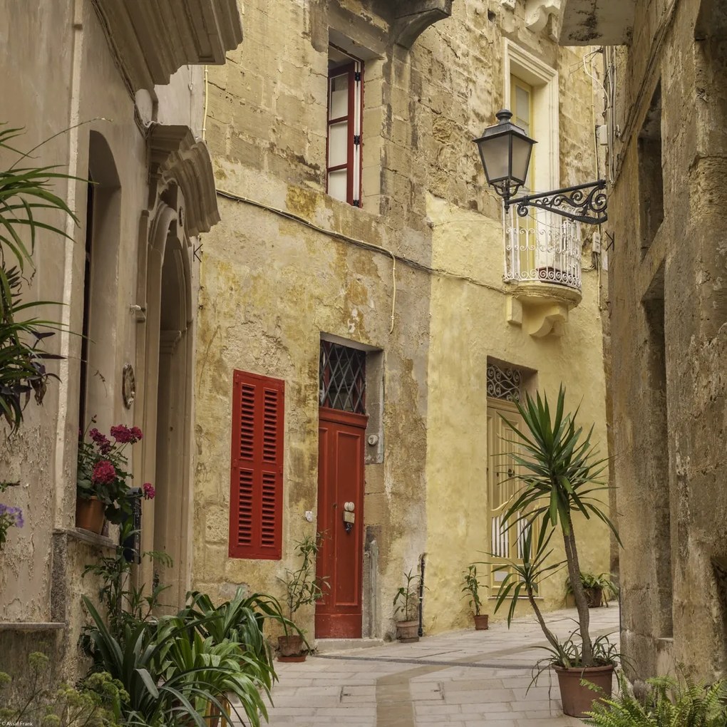 Poszter 40x40cm Keskeny utca a hagyományos máltai házak között Birguban,