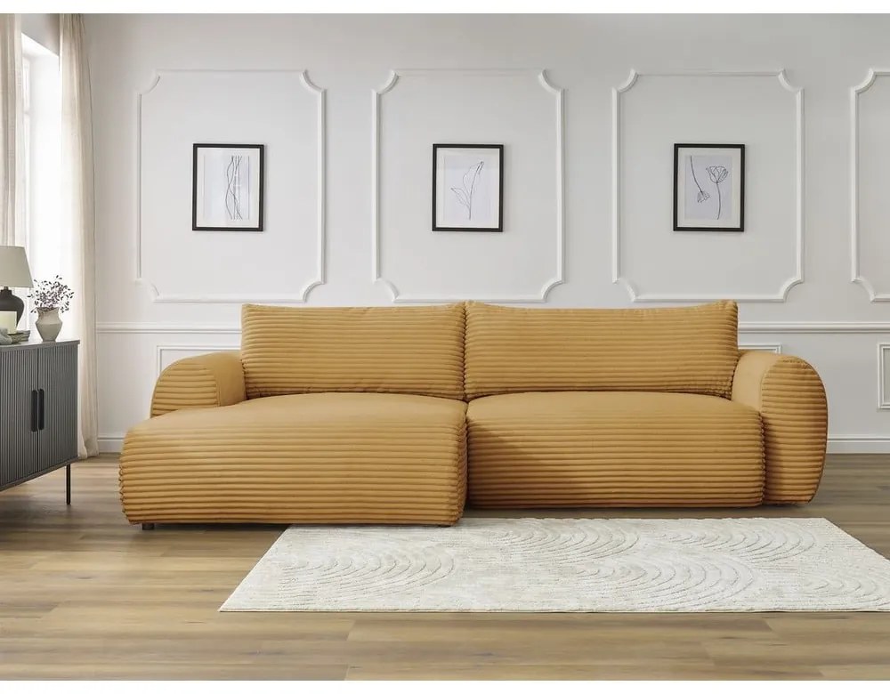 Mustársárga kordbársony kinyitható sarokkanapé (bal oldali) Lucien – Bobochic Paris