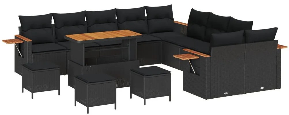 13 Részes Kerti Kanapészett Párnákkal Fekete Poly Rattan Akác, 3 Részes Kerti Étkezőszett Párnákkal Fekete Poly Rattan Akác