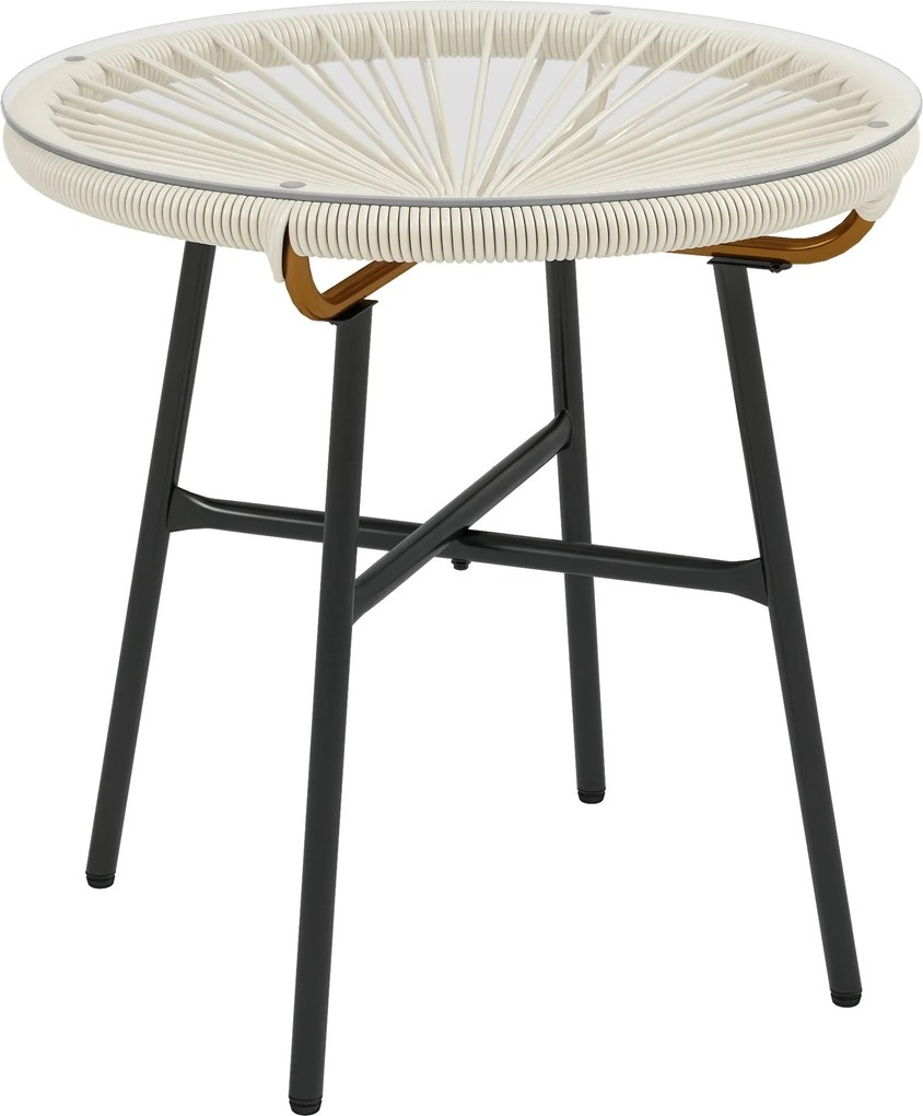 Outsunny Szintetikus Rattan Kertipari Kerek Kávézó Asztal Kültéri Használatra Edzett Üveg Felsővel és Fém Lábakkal, Teraszra, Erkélyre Ø50x50 cm Krém
