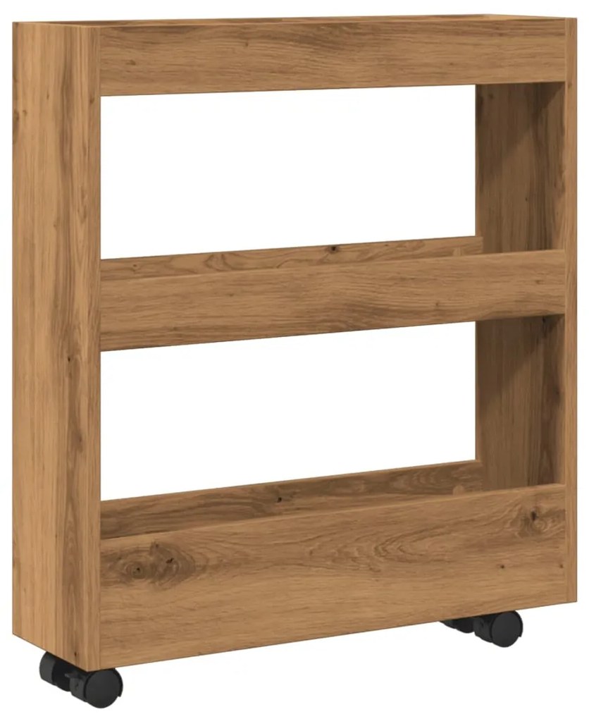 3 szintes kézműves tölgy színű szerelt fa keskeny tárolókocsi