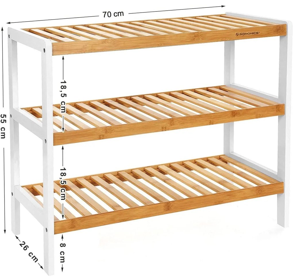 Cipőtartó, 3 szintes bambusz polc, tároló polc 70 x 26 x 55 cm