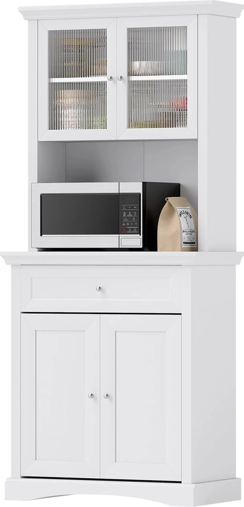 HOMCOM Modern Konyhai Kamra Szekrény 1 Fiókkal, 2 Üvegajtóval és Állítható Polcokkal, 50 kg Teherbírás a Nappaliba és Étkezőbe 79x40x180 cm Fehér | Ao
