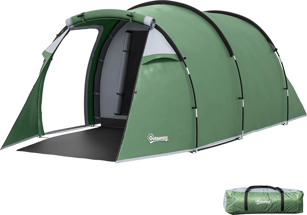 Outsunny 2-3 Fős Stabil Vízálló Családi Kempingtábor Tűzhellyel és Álló Magasságú Előtetővel, 2000mm Vízoszlopos Dóm Sátor Kempingezéshez, Sötét Zöld