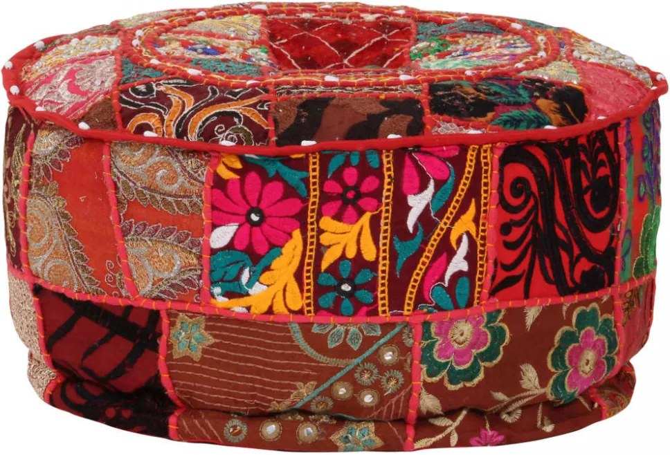 kézzel készült kerek piros pamut patchwork puff 40 x 20 cm