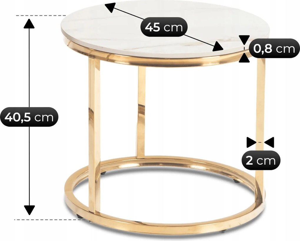 MILANO kerámia dohányzóasztal szett 45/60 cm, fehér márvány/arany
