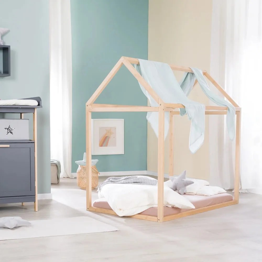 Natúr színű bambusz házikó alakú gyerekágy matraccal-ágyrács nélkül 70x140 cm House Bed – Roba