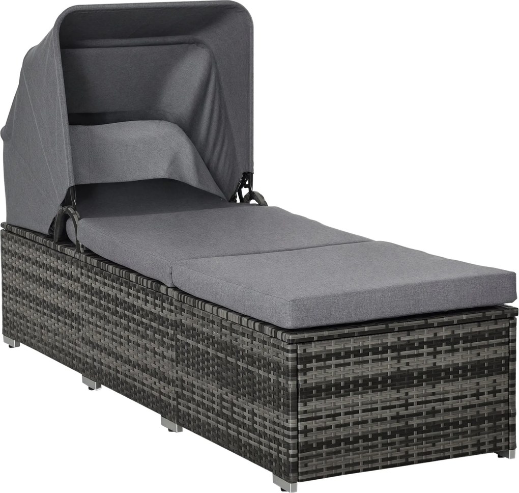 Outsunny Poly Rattan Napágy Napernyővel - Állítható Rattan Napágy Kertbútor Párnával Szürke 195 x 65 x 40 cm | Aosom