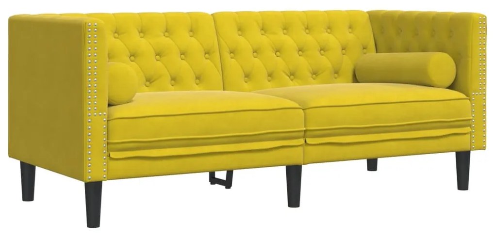 2 részes sárga bársony Chesterfield kanapészett hengerpárnákkal