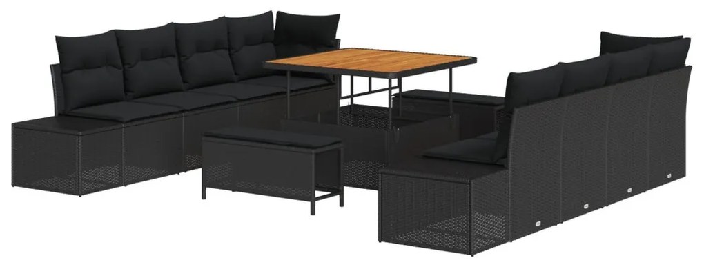 11 darabos kerti kanapé szett párnákkal fekete poli rattan akáciával, 2 személyes kerti kanapé párnákkal fekete poli rattan, 3 darabos kerti étkező szett párnákkal fekete poli rattan akáciával