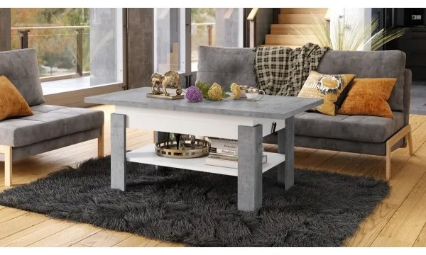 Bővíthető dohányzó-/étkezőasztal emelhető asztallappal ROY betonszürke/fehér