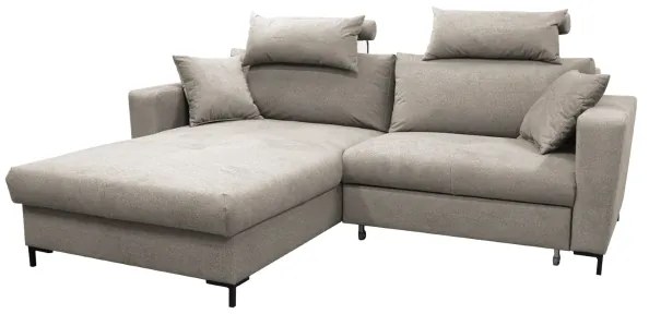 L-alakú, balos elrendezésű, ággyá alakítható sarokgarnitúra tárolóval HORTA, szürke