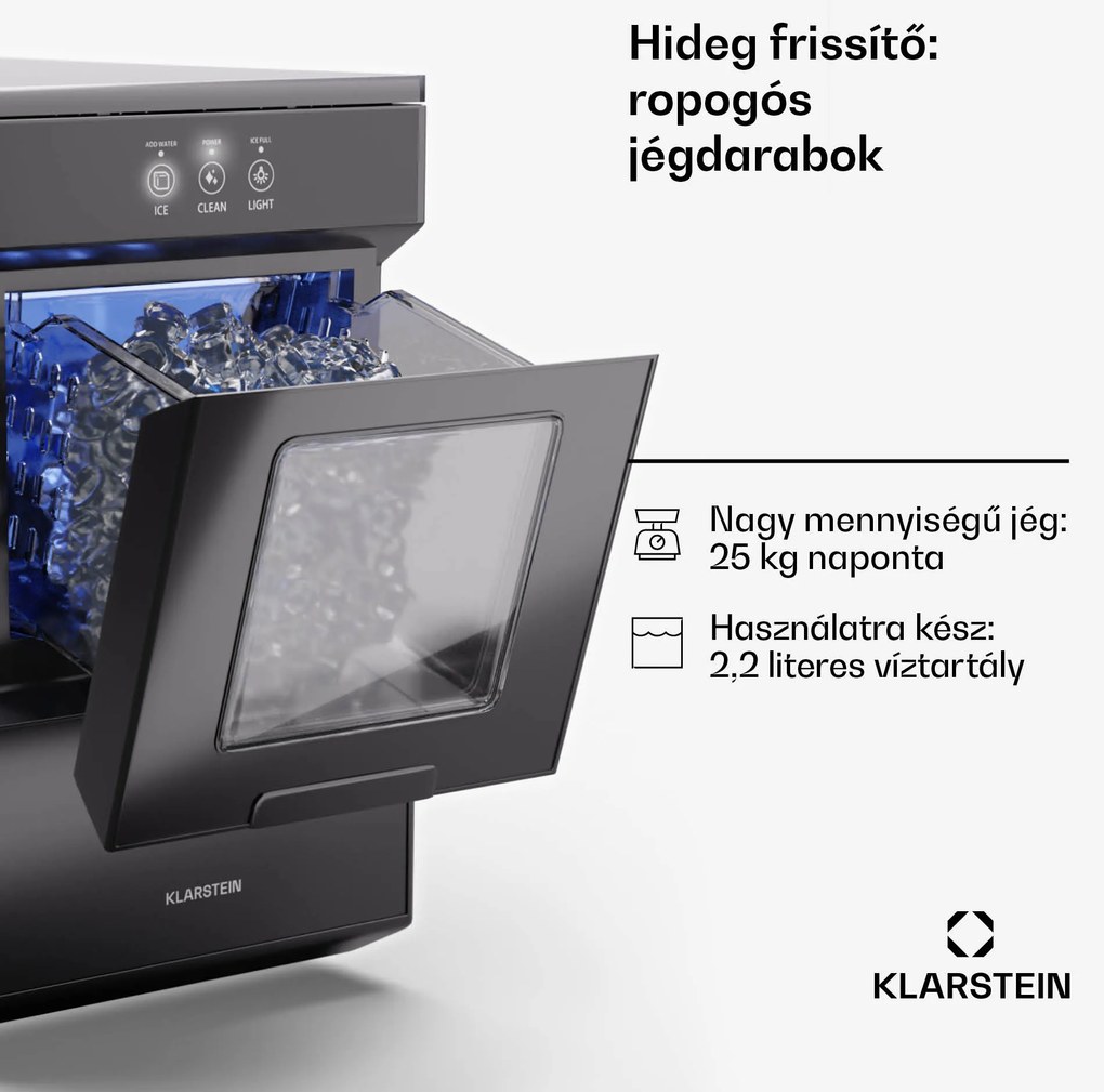 Klarstein Ice Galet, darabos jég készítő, 20 kg/24 ó, Auto-Clean, 2,2 literes víztartály