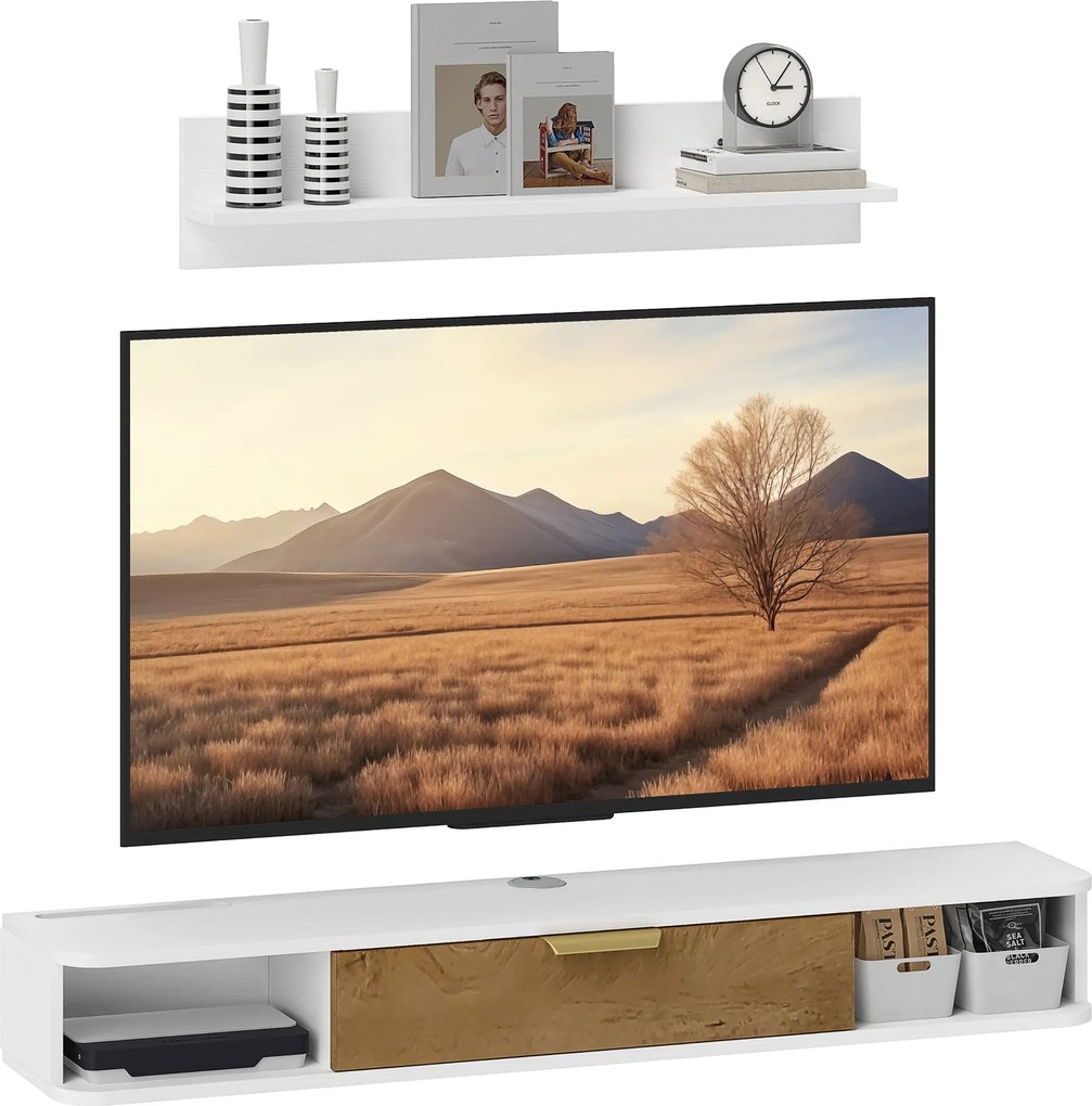 HOMCOM Nappali Bútor - Étkező Bútor Fali Polccal és TV Állvánnyal, Fiókokkal és Kábel Lyukkal, Fali TV-hez 120x24x16 cm Fehér | Aosom