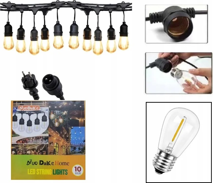 Kültéri Led Kerti Lámpa Fényfüzér 10 Méter 10XIZZÓ E27