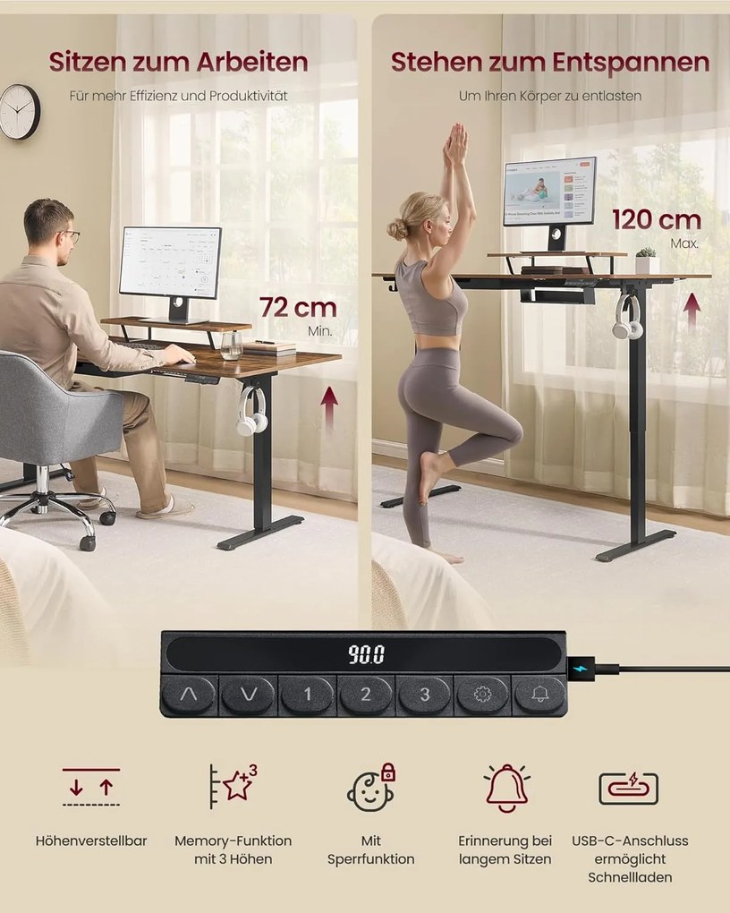 Magasságállítható íróasztal, 160 x 80 cm, vintage barna