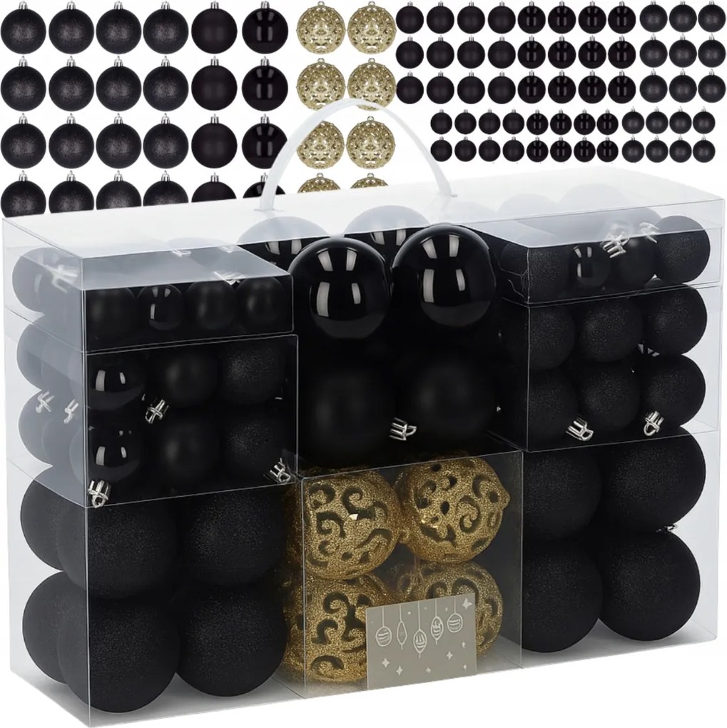 Karácsonyfadísz Nagy Szett XXL Fekete Arany 100 Db 6/4/3 CM