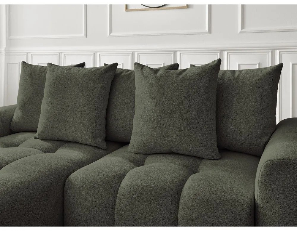 Khaki zsenília kinyitható-tárolóhelyes sarokkanapé (bal oldali-heverő résszel) Roxelane – Bobochic Paris