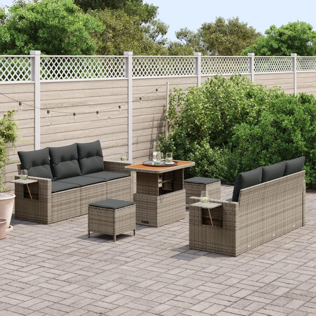 9 darabos kerti kanapé szett párnákkal szürke poly rattan akácia, 3 darabos kerti étkező szett párnákkal szürke poly rattan akácia