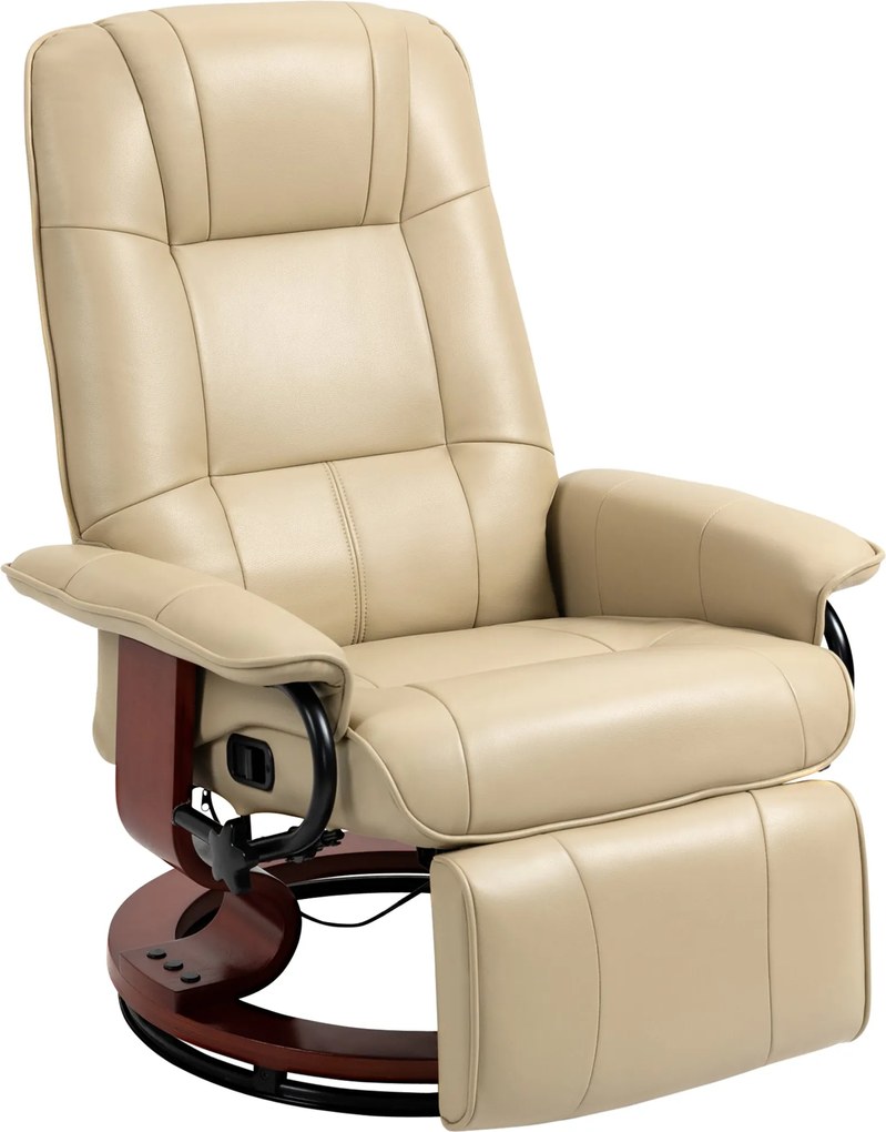 HOMCOM Fekvőfotel forgatható TV szék funkcióval, lábtartóval, karfával, fa lábakkal, nappaliba, hálószobába, műbőr, krémfehér | Aosom