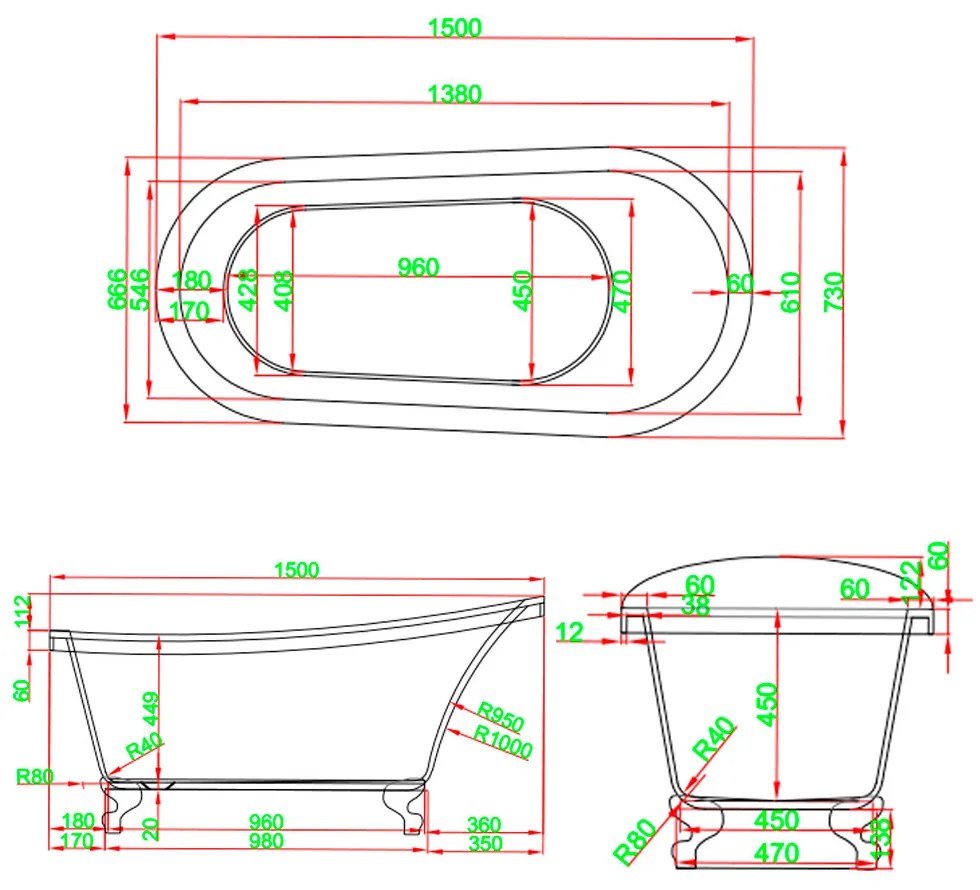Clark szabadon álló fürdőkád fém lábakkal 170x73x73 cm