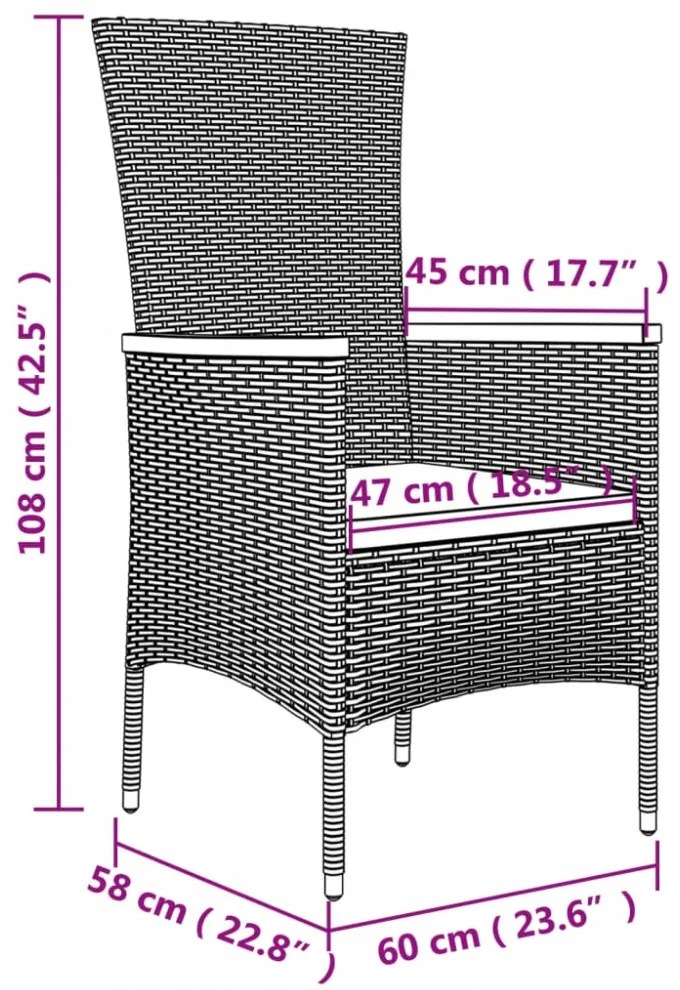vidaXL 3 részes fekete polyrattan kerti étkezőgarnitúra párnákkal