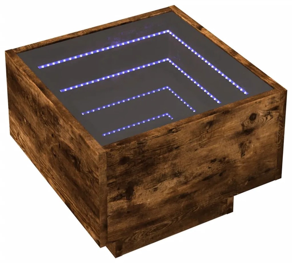 Füstös tölgy színű szerelt fa kisasztal LED-del 40 x 40 x 30 cm