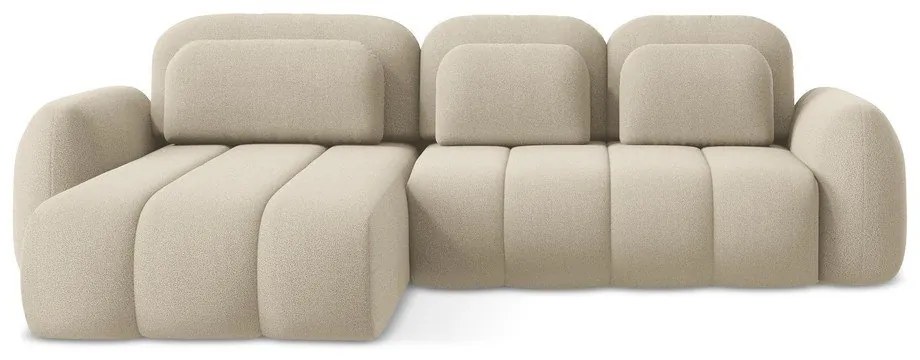 Világosbarna buklé kinyitható-tárolóhelyes sarokkanapé (bal oldali-heverő résszel) Pele – Makamii