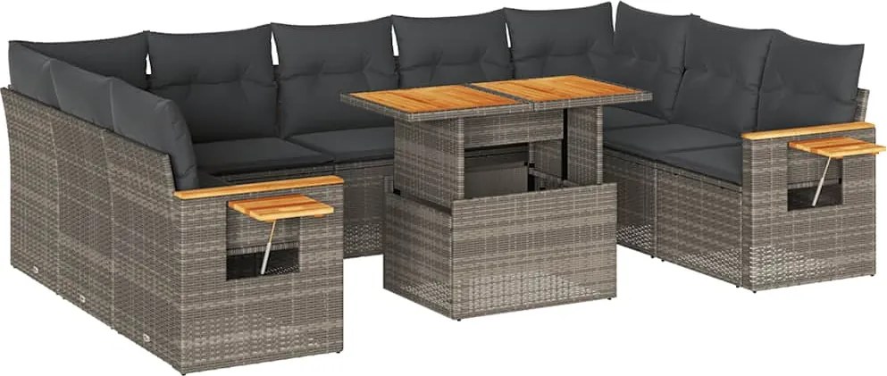 vidaXL 10 részes szürke polyrattan akácfa kerti ülőgarnitúra párnákkal