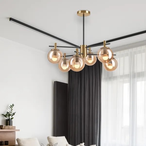 Csillár rúdon LILOU 6xE14/5W/230V arany/fekete/füstös bézs